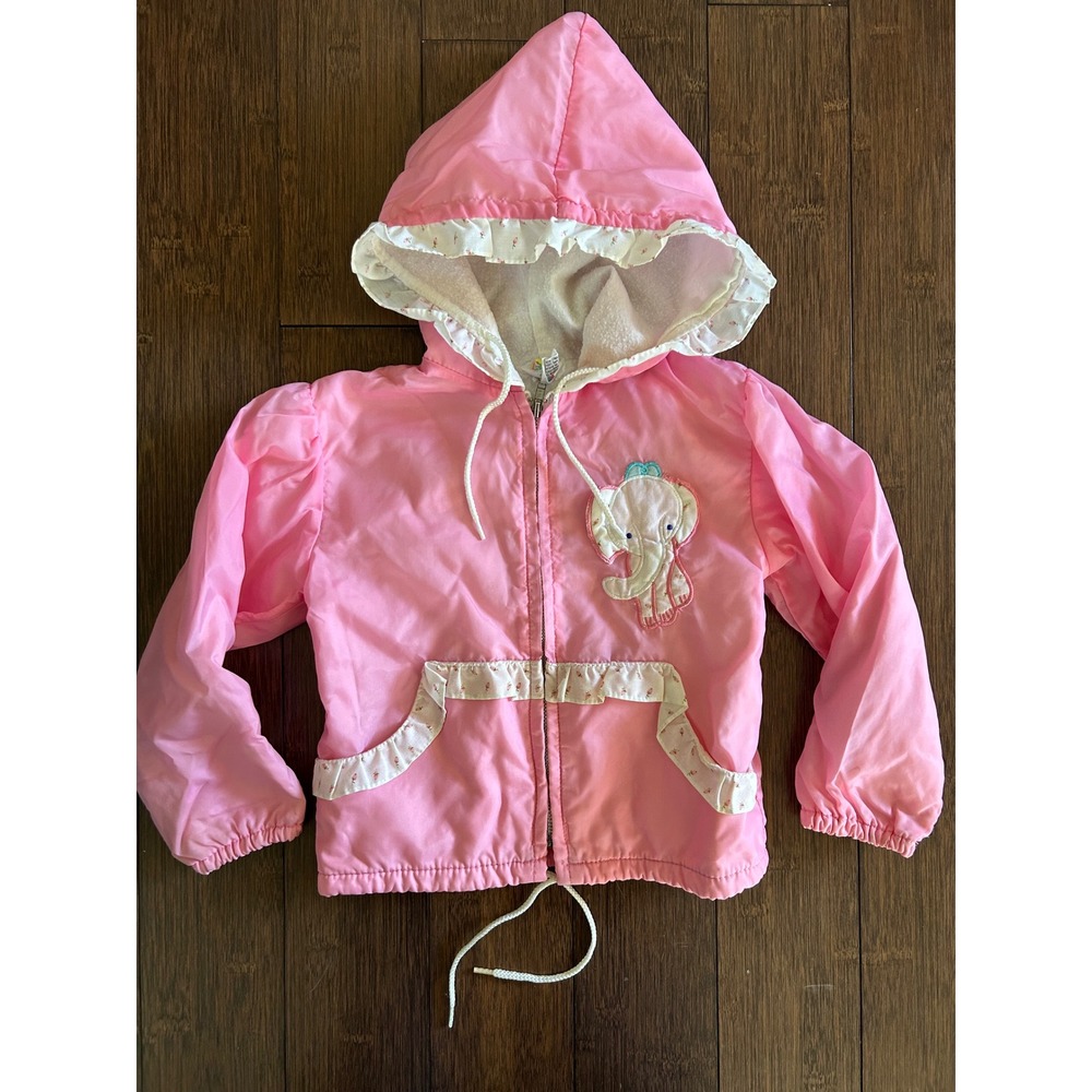 Vintage Sportease Pink Windbreaker Jacket 2T 4T Elephant Ruffle Hooded Zip Up